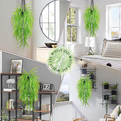 Small Artificial Hanging Plant for Shelf Fake Plant Potted Boston Ferns Faux Trailing Leaves Plant for Indoor Outdoor Aesthetic Office Living Room Shelf Decor (Black Pot)