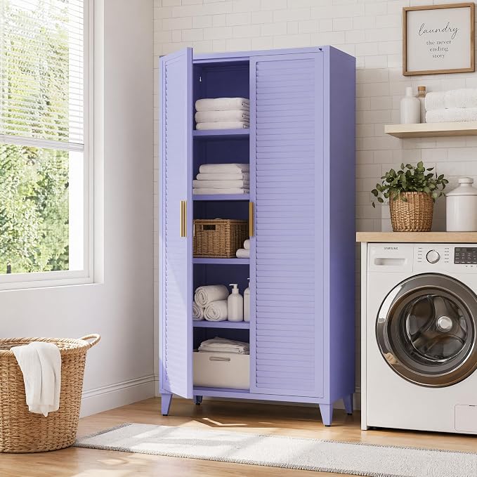 61" Tall Metal Pantry Cabinet with Lock and 3 Adjustable Shelves,Freestanding Heavy Duty steel Storage Locker,Purple Metal Cabinets for Kitchen,Living Room,Laundry,Garage,61" H X 27.6" W X 13.8" D