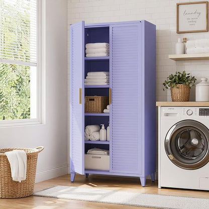 61" Tall Metal Pantry Cabinet with Lock and 3 Adjustable Shelves,Freestanding Heavy Duty steel Storage Locker,Purple Metal Cabinets for Kitchen,Living Room,Laundry,Garage,61" H X 27.6" W X 13.8" D