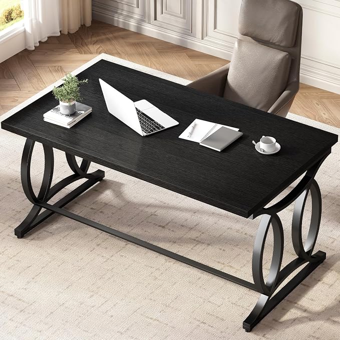 HSH Black Home Office Desk, 55 Inch Metal Wood Computer Desk, Simple Modern Study Executive Desk for Work Writing, Modern Student Gaming Computer PC Table for Bedroom Living Room,Blach Oak