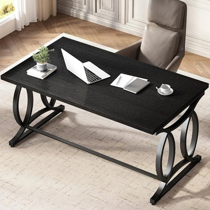 HSH Black Home Office Desk, 55 Inch Metal Wood Computer Desk, Simple Modern Study Executive Desk for Work Writing, Modern Student Gaming Computer PC Table for Bedroom Living Room,Blach Oak