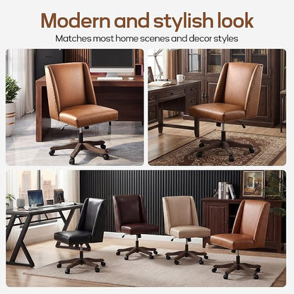 Zihanhome Armless Office Chair with Wooden Legs, Modern Adjustable Home Office Chair Computer Chair Swivel Chair for Home Office Study Studio (PU Brown)