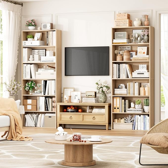 FOTOSOK 6-Tier Open Bookcase and Bookshelf, Freestanding Display Storage Shelves Tall Bookcase for Bedroom, Living Room and Office,Light Oak Set of 2