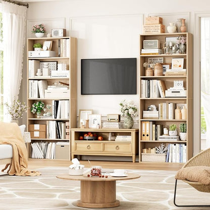 FOTOSOK 6-Tier Open Bookcase and Bookshelf, Freestanding Display Storage Shelves Tall Bookcase for Bedroom, Living Room and Office,Light Oak Set of 2