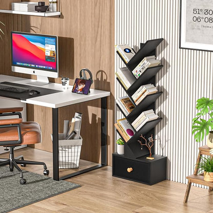 SHEEPAM 8 Tier Tree Bookshelf with Drawer, Free Standing Wood Bookcase for Living Room, Bedroom, Home Office, Space Saving Storage Organizer Bookshelves for Books, CDs, Vinyl Records- Black