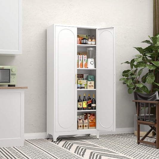 Kitchen Storage Cabinets, 75" Tall Metal Storage Cabinet with Doors and 4 Shelves, Kitchen Pantry Cabinets with Gold Handles, White Food Pantry, Large Cupboard for Dining Room, Office