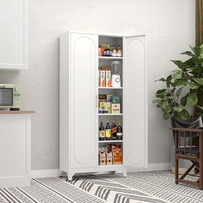Metal Storage Cabinet with Doors, 90" Tall Kitchen Pantry Storage Cabinets with Adjustable Shelves, White Pantry Closet, Steel Large Cupboard, High Leveling Feet- Assembly Required