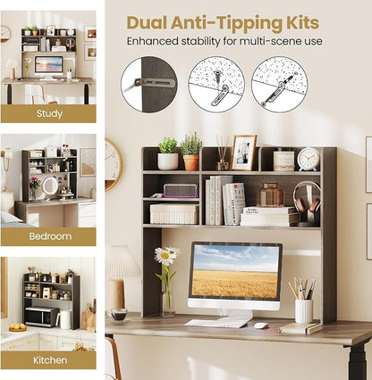 Tangkula Desktop Bookshelf for Computer Up to 32”, 37” Countertop Storage Hutch with 6 Storage Shelves, 3-Tier Desktop Organizer Display Rack, Wooden Desk Hutch for Dorm Home Office (Grey,6 Shelves)