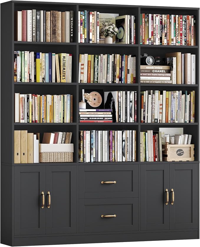 HOSTACK 71" Tall Triple Wide Bookshelf with Doors & Drawers, Modern Wood Bookcase for Storage, 6-Tier Large Bookcase with Display Shelves, Space-Saving Bookshelf for Living Room, Home Office, Black
