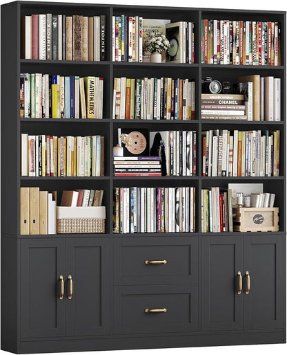 HOSTACK 71" Tall Triple Wide Bookshelf with Doors & Drawers, Modern Wood Bookcase for Storage, 6-Tier Large Bookcase with Display Shelves, Space-Saving Bookshelf for Living Room, Home Office, Black