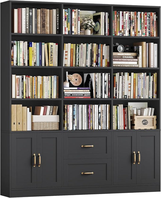 HOSTACK 71" Tall Triple Wide Bookshelf with Doors & Drawers, Modern Wood Bookcase for Storage, 6-Tier Large Bookcase with Display Shelves, Space-Saving Bookshelf for Living Room, Home Office, Black