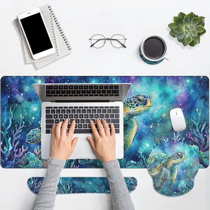 Britimes Turtle Galaxy Ocean Keyboard Mouse Pad Set Watercolor Coral 4in1 Large Mousepad+Keyboard Wrist Rest+Mouse Wrist Rest+Coaster Ergonomic Design for Home Office Computer 35.4x15.7 inches
