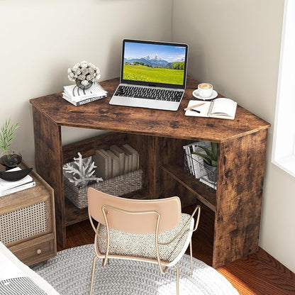 GOFLAME Corner Desk with Storage Shelves, Triangular Computer Desk with Cable Management Holes, Laptop Workstation for Small Space, Makeup Vanity Desk for Living Room, Study, Rustic Brown