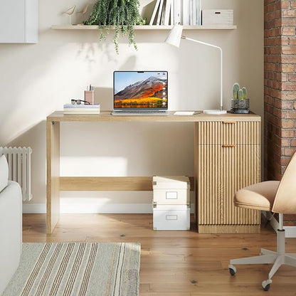 IDEALHOUSE Fluted Executive Desk with Drawers, 60" Modern Home Office Desk with Storage Cabinet, Wood Fluted Computer Desks Workstation for Working, Studying, Writing, Natural Oak