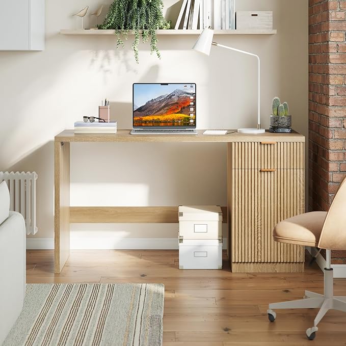 GarveeHome 60" Executive Desk with Storage, Modern Home Office Desk with Drawer & Cabinet, Wood Fluted Computer Desks Workstation Writing Conference Table for Study, Living Room, Bedroom, Natural Oak