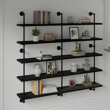 HDDFER Floating Shelves for Wall Bookshelf Industrial Pipe Shelving Shelves 60 Inch 5 Tier Natural Wood Planks Rustic Wall Shelves Hanging Bookshelves Farmhouse Kitchen Shelving