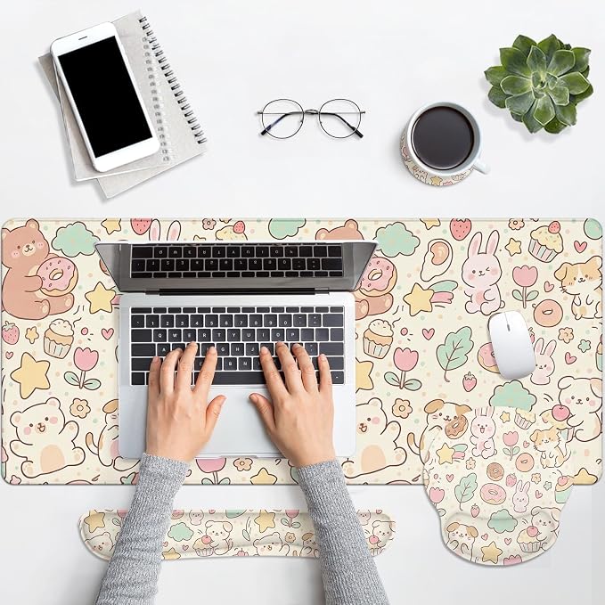 Britimes Kawaii Bunny Bear Keyboard Mouse Pad Set Cartoon Pink 4in1 Large Mousepad+Keyboard Wrist Rest+Mouse Wrist Rest+Coaster Ergonomic Design for Home Office Computer 35.4x15.7 inches