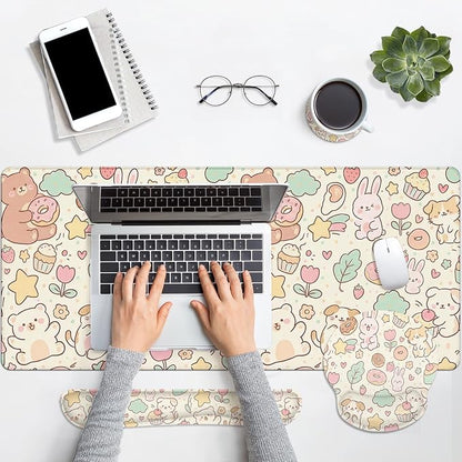 Britimes Kawaii Bunny Bear Keyboard Mouse Pad Set Cartoon Pink 4in1 Large Mousepad+Keyboard Wrist Rest+Mouse Wrist Rest+Coaster Ergonomic Design for Home Office Computer 35.4x15.7 inches