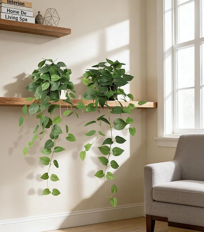 Fake Plants 2 Pcs Faux Pothos Plants Potted Indoor Artificial Hanging Plants Realistic Fake Greenery Table Desk Bathroom Office Bedroom Living Room Shelf Modern Farmhouse Decor Indoor