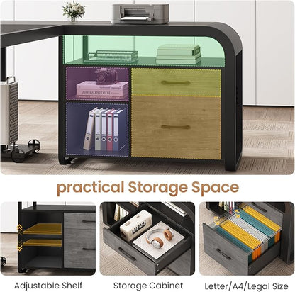 SEDETA 61 Inch Executive Desk, Large Office Desk with File Drawer, L Shaped Desk with Drawers, Computer Desk with Mobile CPU Stand, Storage Shelves, Power Outlets for Home Office, Gray