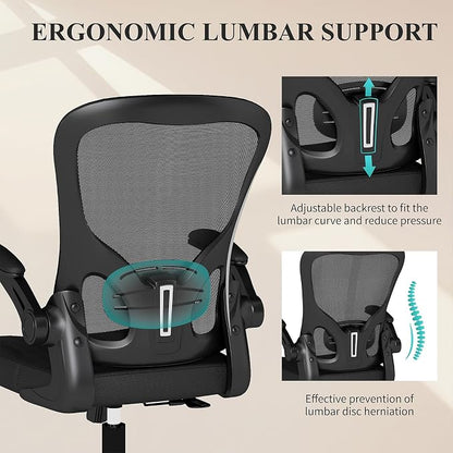Flysky Mesh Office Chair, Ergonomic Computer Desk Chairs for Home Office - with Comfy/Comfortable Flip-up Arm Rests, Lumbar Support, Height Adjustable, 360 Degree Rolling Swivel (Black, 6 Pack)