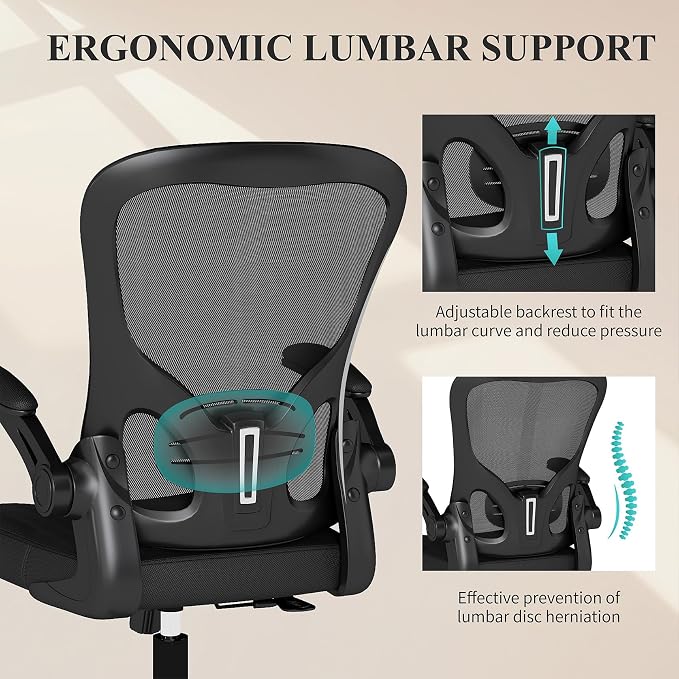 Flysky Mesh Office Chair, Ergonomic Computer Desk Chairs for Home Office - with Comfy/Comfortable Flip-up Arm Rests, Lumbar Support, Height Adjustable, 360 Degree Rolling Swivel (Black, 2 Pack)