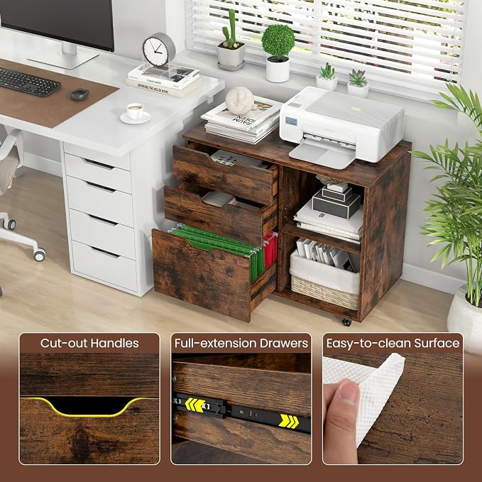 3 Drawer File Cabinet, Wood Lateral Filing Cabinet for Hanging Letter, A4, Legal Size, Rolling Printer Stand with Adjustable Shelf, Under Desk Storage for Home Office (Brown)