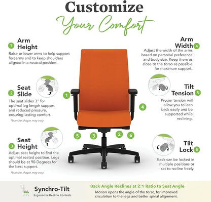 HON Ignition 2.0 Fabric Office Chair, Upholstered, Adjustable Arms, Advanced Synchro-Tilt Recline Executive Ergonomic Office Chair, Black Frame, Apricot