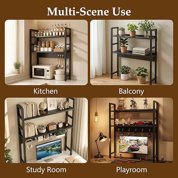 Brakki 2-Tier Desk Shelf, Desk Hutch Bookshelf, Desktop Shelf Bookcase with Pegboard and Hooks for Computer Monitor, Metal Desktop Hutch Storage Organizer for Dorm Home Office, 30" W， Black
