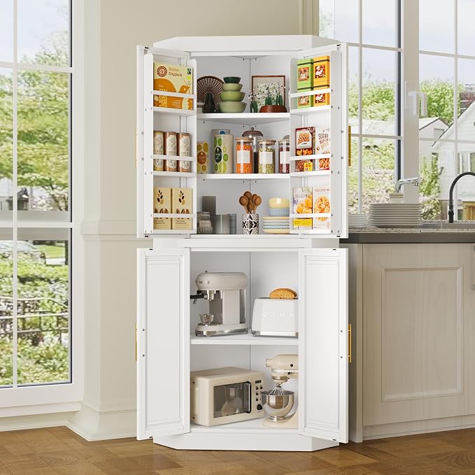 GAIOUS 63" Tall Metal Corner Kitchen Pantry Cabinet, Steel Storage Cabinets with 4 Doors and 3 Shelves, Kitchen Food Cabinets with 6 Door Panel Shelves, Farmhouse Cupboard for Kitchen Dining, White