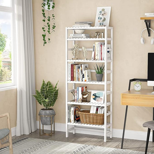Homykic 6-Tier Bamboo Bookshelves and Bookcases, Adjustable 63.4”Tall Shallow Book Shelf Organizer Rack, Freestanding Storage Shelving Unit for Living Room, Kitchen, Bathroom, Office, White