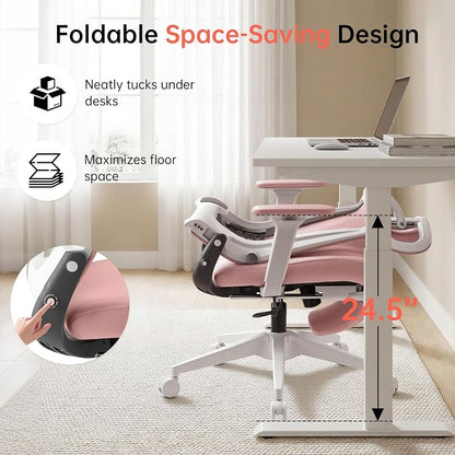 Foldable Office Chair with Foot Rest, Ergonomic Office Chair with Adjustable Lumbar Support, Headrest, Armrest, Home Office Desk Chair for Space Saving, Work from Home, Pink