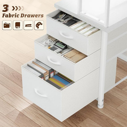 55''L Shaped Desk White Desk with 3 Fabric Drawers & Shelf, 55 Inch Computer Gaming Desk with Remote LED Lights, Power Outlet and PC Stand of Corner Desk for Home Office,Vanity Desk for Bedroom,White