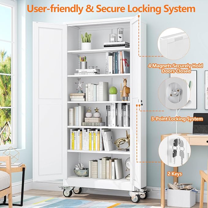 pozdeg 75" Metal Garage Storage Cabinets with Wheels, Lockable Rolling File Cabinets with 2 Doors and 5 Adjustable Shelves, Steel Tool Organizer Locker for Office Home Garage Gym School, White