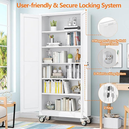 pozdeg 75" Metal Garage Storage Cabinets with Wheels, Lockable Rolling File Cabinets with 2 Doors and 5 Adjustable Shelves, Steel Tool Organizer Locker for Office Home Garage Gym School, White