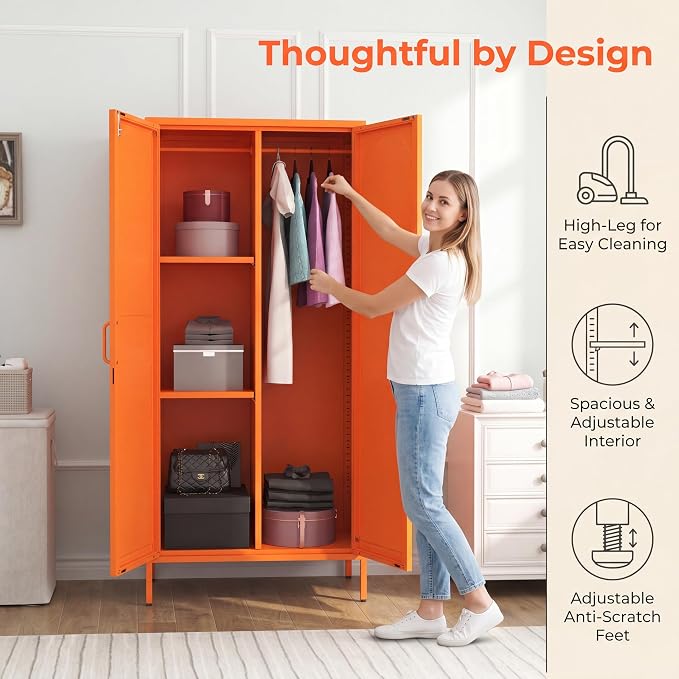 Metal Storage Wardrobe Cabinet with Lock, 67" Armoire Storage Cabinets Locker with Shelves and Hanging Rod, Steel Freestanding Metal Locker for Home Bedroom Orange 67" H X 31.5" W X 18.1" D