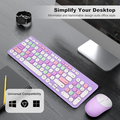 Wireless Keyboard and Mouse Combo, Retro Typewriter Keyboard with Round Keycaps, 2.4GHz USB Cute Wireless Keyboard Mouse for Computer, Desktop, Laptop (Purple Colorful)