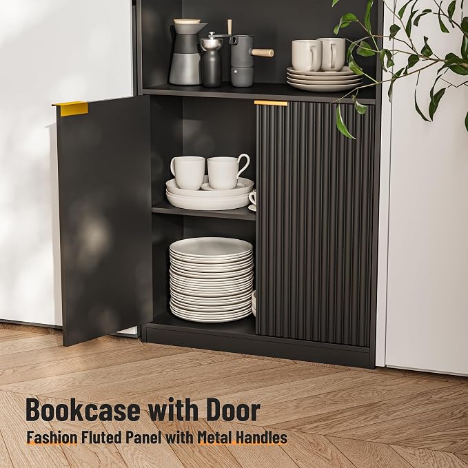 INNOD 69" Tall Book Shelve Bookcases with Doors, Floor Standing 6 Shelf Display Shelves, Freestanding Shelving Unit with Closed Doors for Storage, Home Decor Furniture for Living Room Home Office