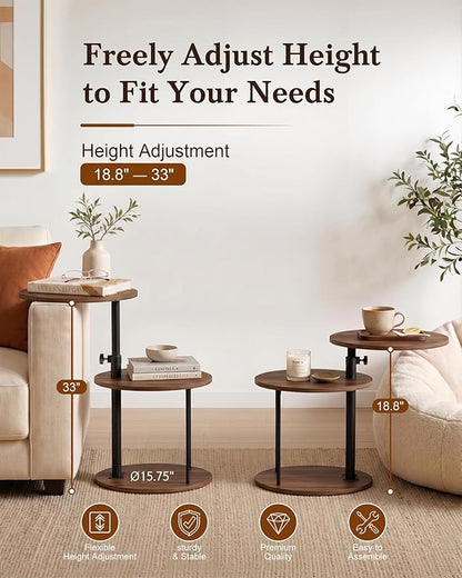 Faesun Swivel Round Table for Couch Arm, Height Adjustable C Shaped End Table for Recliner or Bed, Tv Trays with Storage Shelf for Small Spaces- Small Nightstand for Living Room, Bedroom, Walnut
