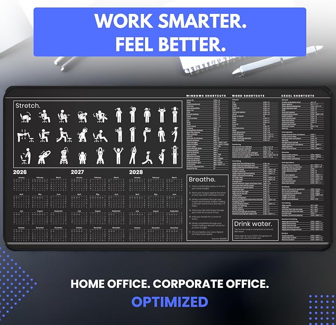 Productivity Desk Mat for Windows – Keyboard Shortcuts, Wellness Guide & 3-Year Calendar | XL Office Mouse Pad for Excel, Word & System Commands | Ergonomic Workspace Mat