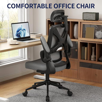 Ergonomic Office Chair - Desk Chair with Adjustable Headrest Lumbar Support Computer Chair - Mesh Comfy Chair with Flip-up Armrests - Gaming Chairs for Adults Home Office 330 LBS (Black+Gray)