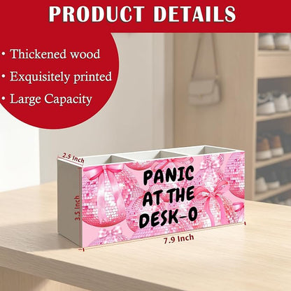 Funny Office Humor Pen Pencil Holder Organizer, Pink Office Desks Decor Accessories, Panic at the Desk-o Funky Y2K Pink Disco Ball Wood Signs for Cubicle Workplace Desk Tabletop Decor