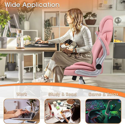 Ergonomic Executive Office Chairs with Adjustable Lumbar Support, 90-120° Rocking Managerial Chair Swivel Desk Chairs with Padded Flip-up Armrests (Pink), Medium(300lbs)