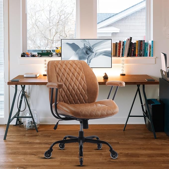 YFO Home Office Desk Chair Office Rubber Casters Ergonomic Computer Chair with Lumbar Support Adjustable Height Rolling Swivel Executive Task Armrests Chair， Brown Leather