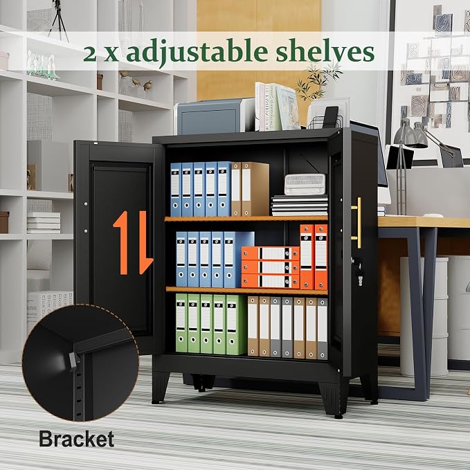 Black Metal Storage Cabinet, 36" Tall Locking Storage Cabinet with 2 Adjustable Shelves, Steel Locker Organizer, for Office, Home, School, 2PS