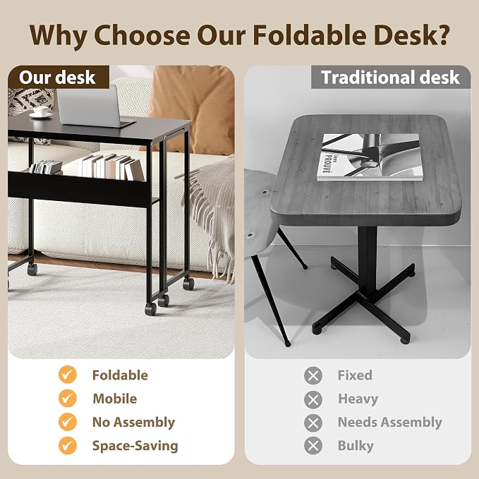 Folding Desk with Storage Shelf, 31.5 Inch Foldable Computer Table with Wheels for Small Spaces,Space Saving Sofa Table for Couch, Rolling Writing Work Office Computer Desk, Easy to Fold,Black