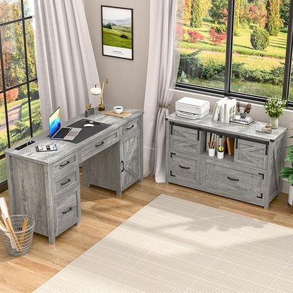 Vabches Lateral File Cabinets 2 Drawer with Sliding Barn Doors, Farmhouse Filing Cabinet with 2 Drawer for Home Office，Filing Organization Storage Cabinets for Hanging Files Letter/Legal/F4/A4.Grey
