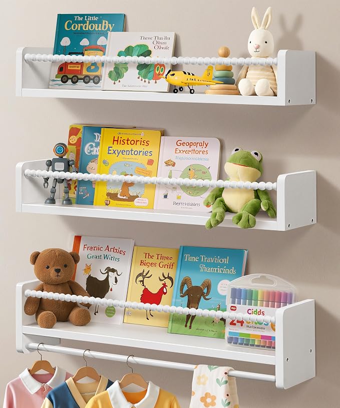 Maxpeuvon 23 Inch Kids Bookshelves Set of 3, Natural Wooden Floating Shelves Wall Mount Storage Organizer Shelf with Towel Bar Hanging Bookshelf for Kid Room Bedroom Living Room Decor, White