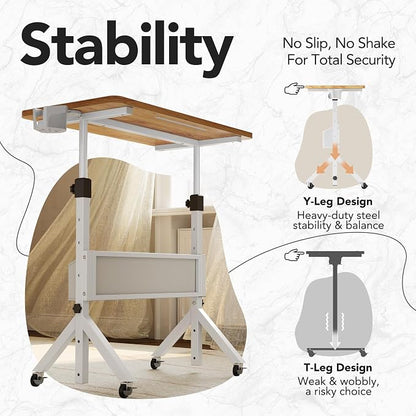 HUANUO Portable Standing Desk Adjustable Height, Mobile Stand Up Desk for Walking Pad and Treadmill, Rolling Computer Table with Wheels, 31.5"x15.75" Height 28.7"-46.1", Light Rustic