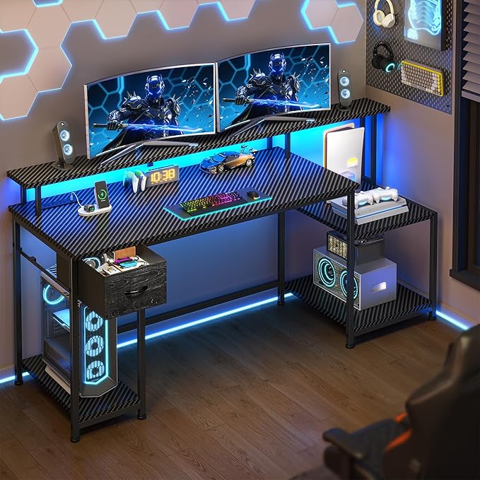 Black Gaming Desk With RGB Lights and 3 AC Power Outlets,Office Computer Desk with 55" Long Monitor Stand,18"Ample Printer Space,Storage Drawer and File Shelves,Study Desk,Bedroom Writing Desk